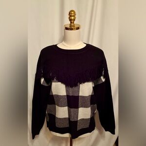 Bar III Black Buffalo Plaid Fringed Sweater Size L